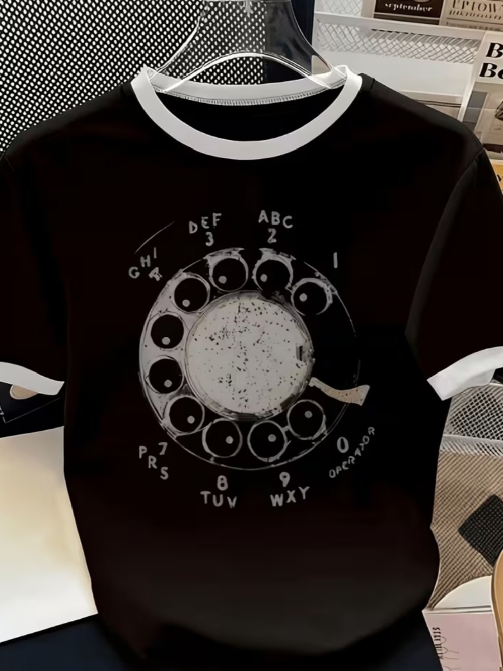 Black Ringer Tee with Retro Dial Graphic